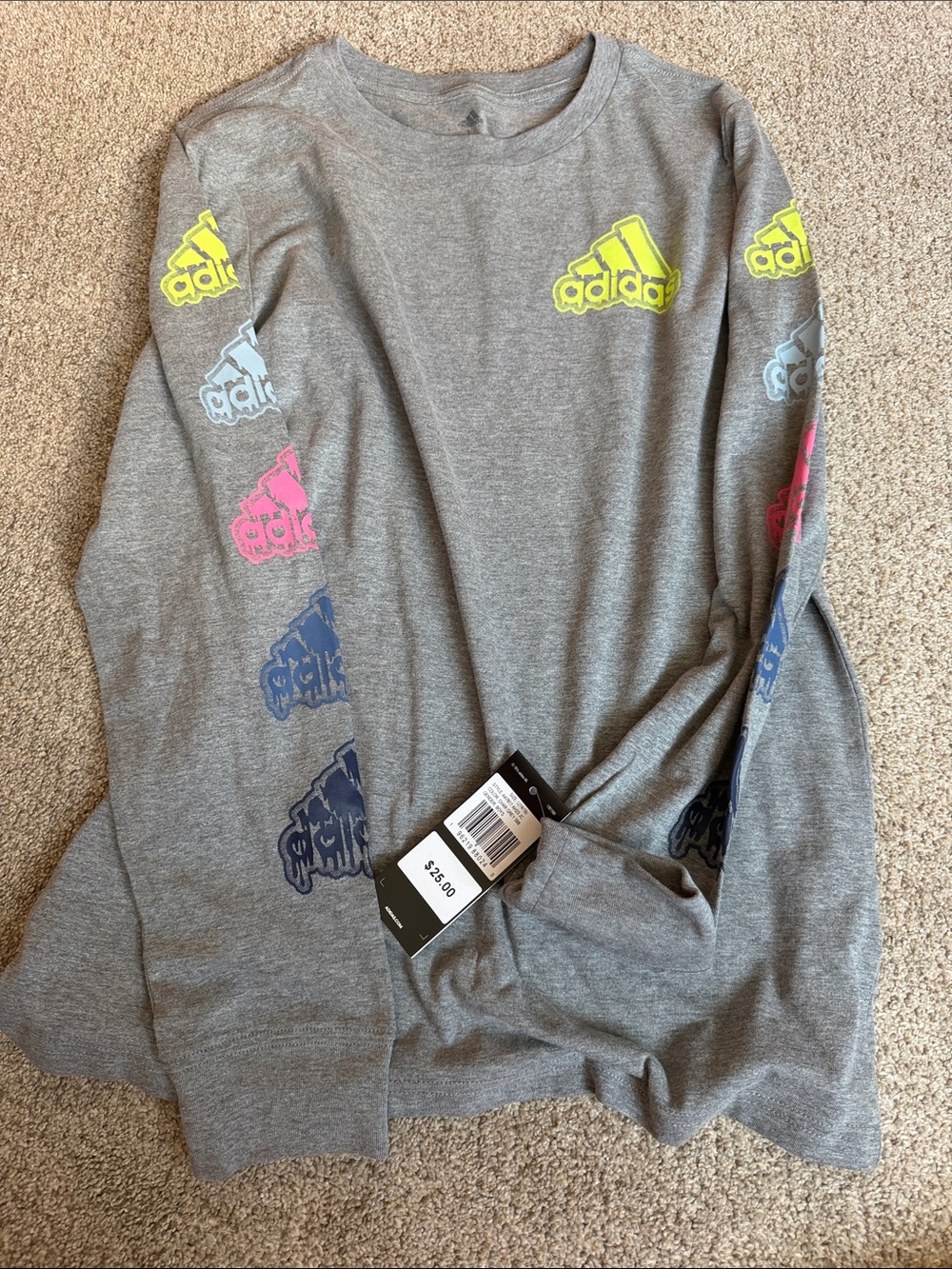 adidas Gray Long Sleeve Tee with Neon Logo Accents
